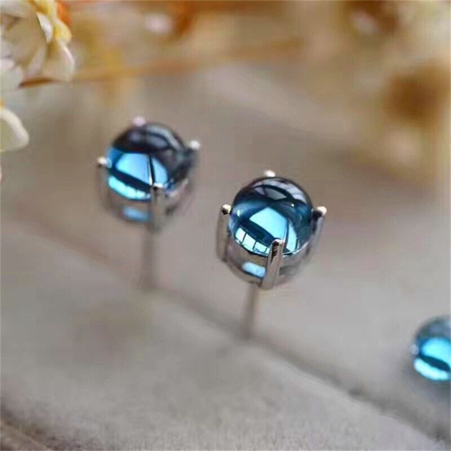 Swiss Blue Topaz Round Cabochon Earrings 5mm