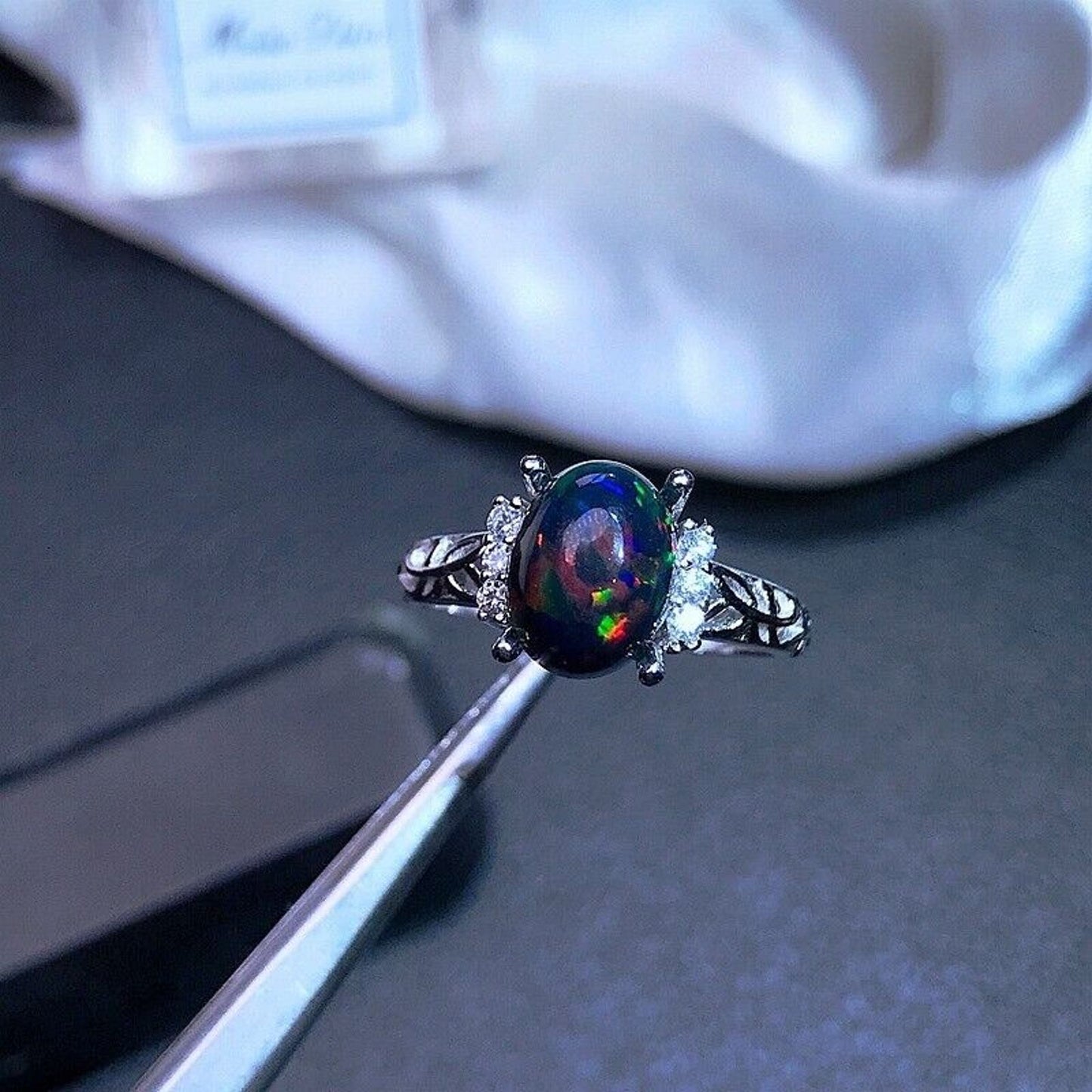 Dainty Black Opal Ring 6x8mm Platinum Plated