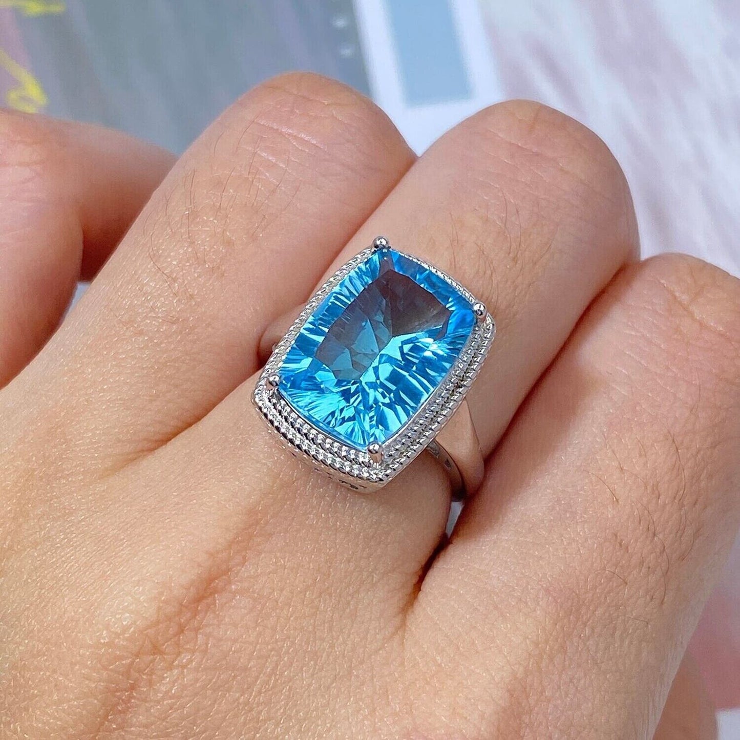 Blue Topaz Cocktail Ring 10x14mm 8 Carat Sterling Silver