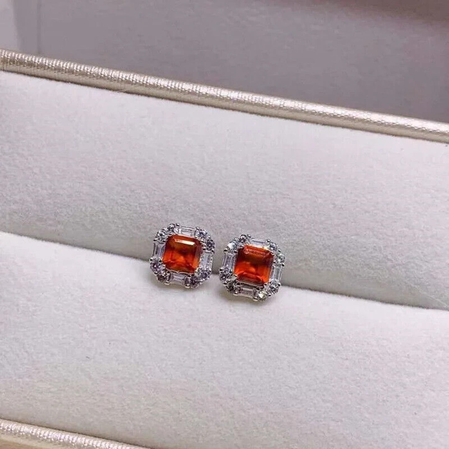 Orange Asscher Cut Garnet Stud Earrings 5x5mm Sterling Silver