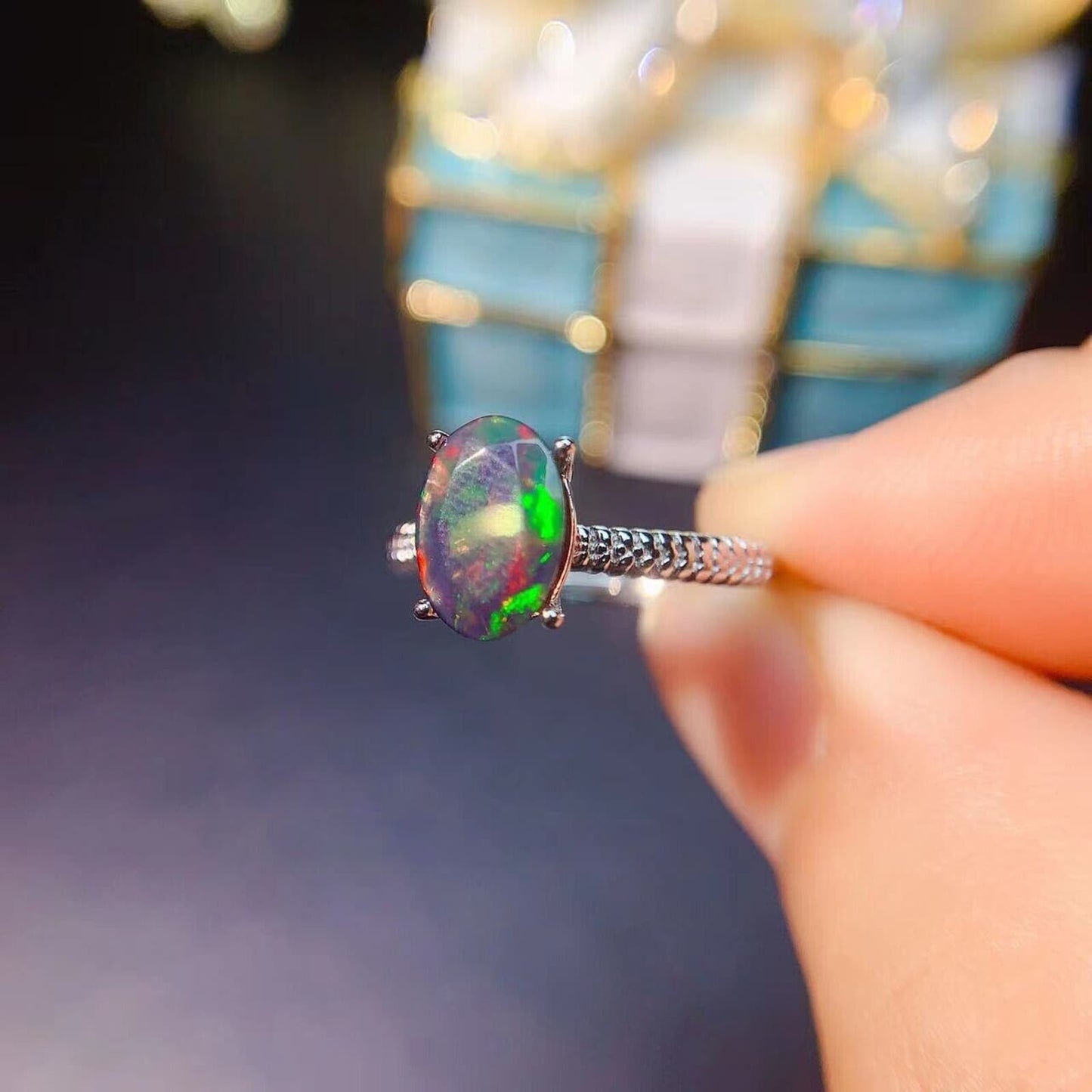 Colorful Black Opal Cocktail Ring 6x8m Sterling Silver