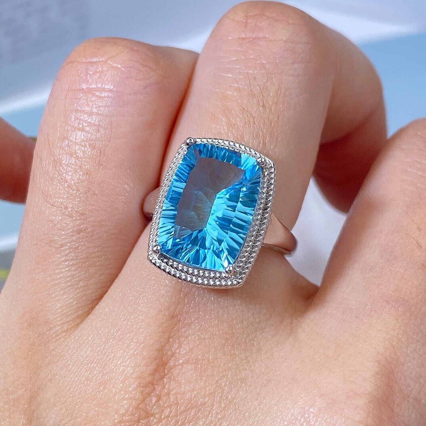 Blue Topaz Cocktail Ring 10x14mm 8 Carat Sterling Silver