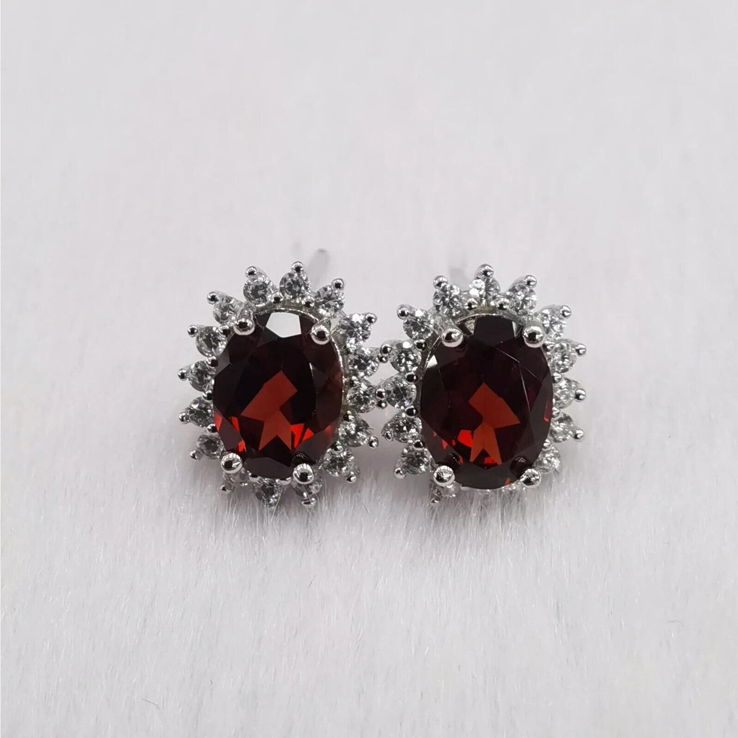 Dark Red Garnet Stud Earrings Oval Cut 6x8mm Platinum Plated