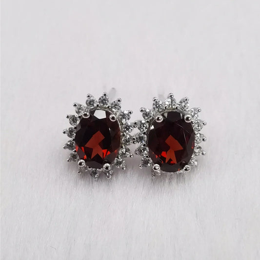 Dark Red Garnet Stud Earrings Oval Cut 6x8mm Platinum Plated