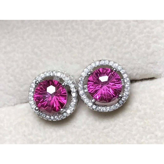 Pink Topaz Firework Cut Large 8x8mm Stud Earrings, Platinum Plated Pink Topaz