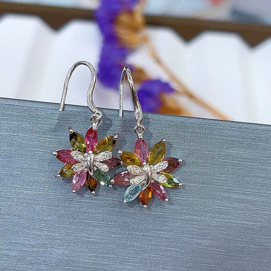 Colorful Tourmaline Flower Dangle Earrings