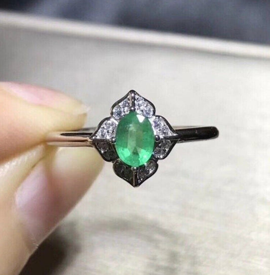 Dainty Emerald Gemstone Ring 4x5mm Sterling Silver