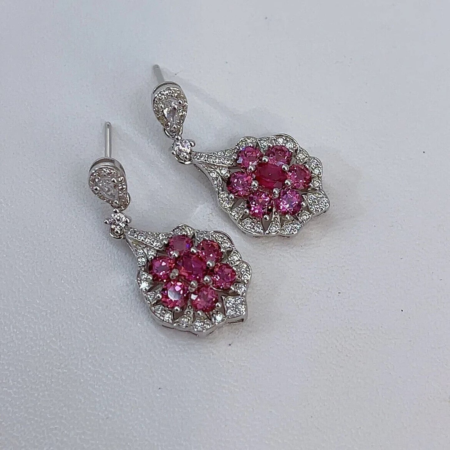 Pink Garnet Dangle Drop Earrings, Pink Garnet Natural Gemstone Earrings Platinum