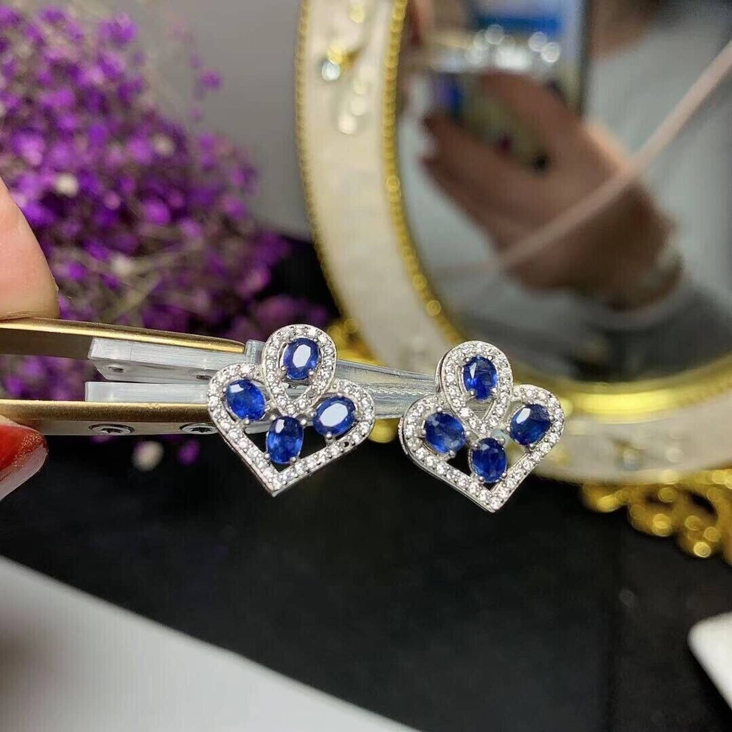 Sapphire Cluster Stud Earrings, Sapphire Statement Earrings, Blue Sapphire Studs