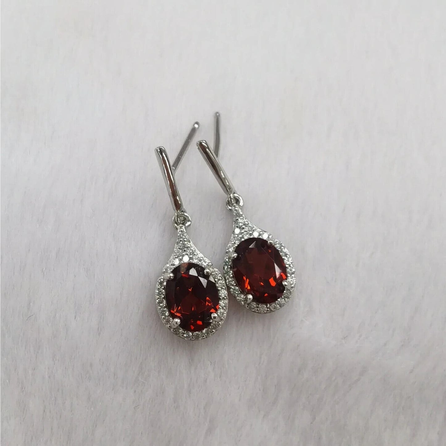 Dark Red Garnet Dangle Earrings 6x8mm Platinum Plated