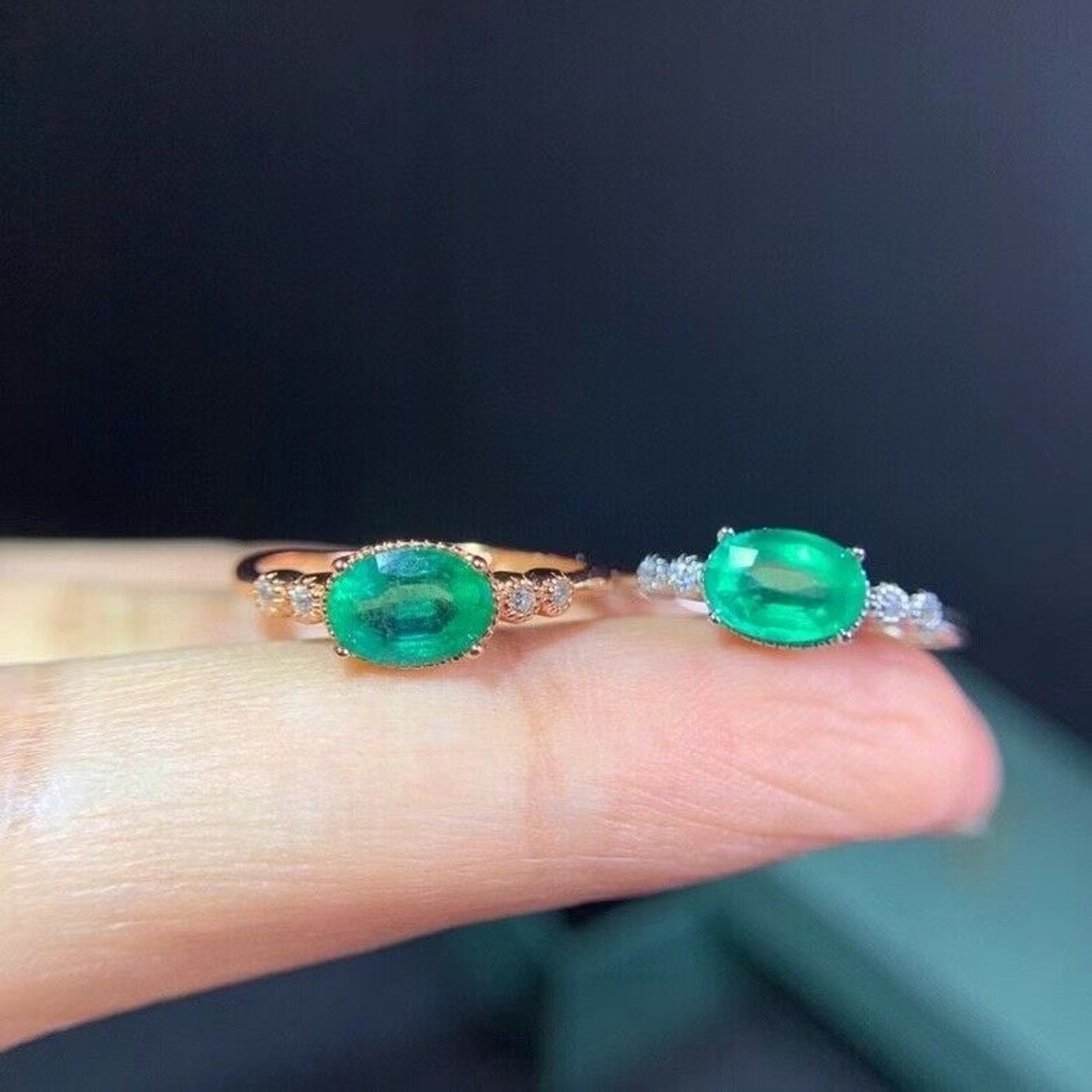 Horizontal Natural Emerald Ring 5x7mm Sterling Silver