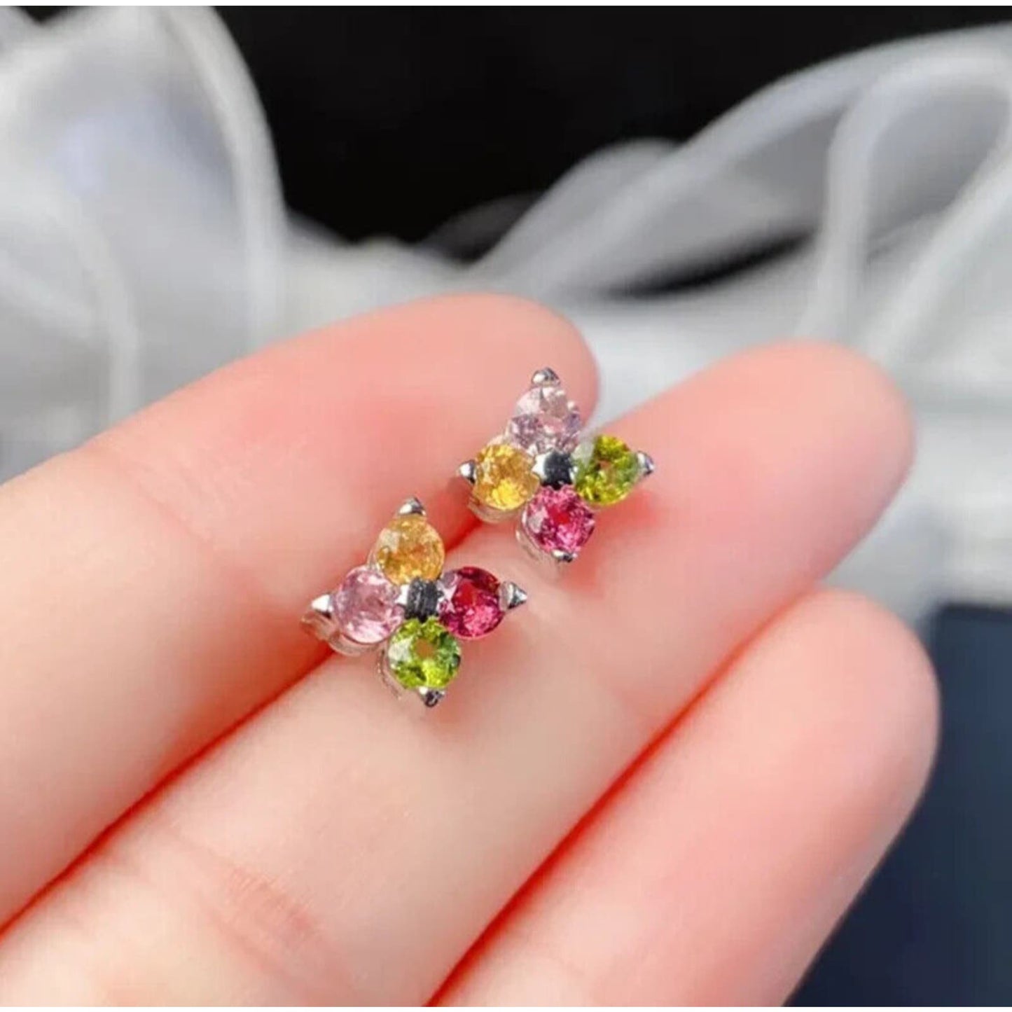 Multicolor Dainty Tourmaline Flower Stud Earrings