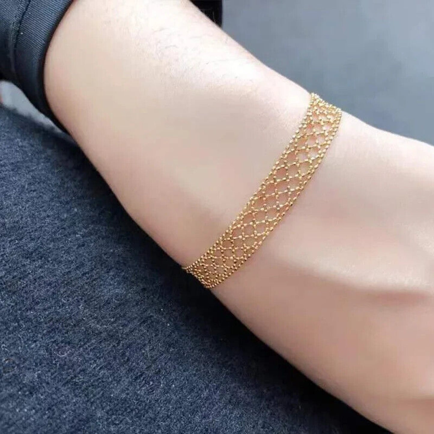 18k Gold Lace Bracelet, Yellow Gold Mesh Bracelet, Women's 18k Gold Lace Au750