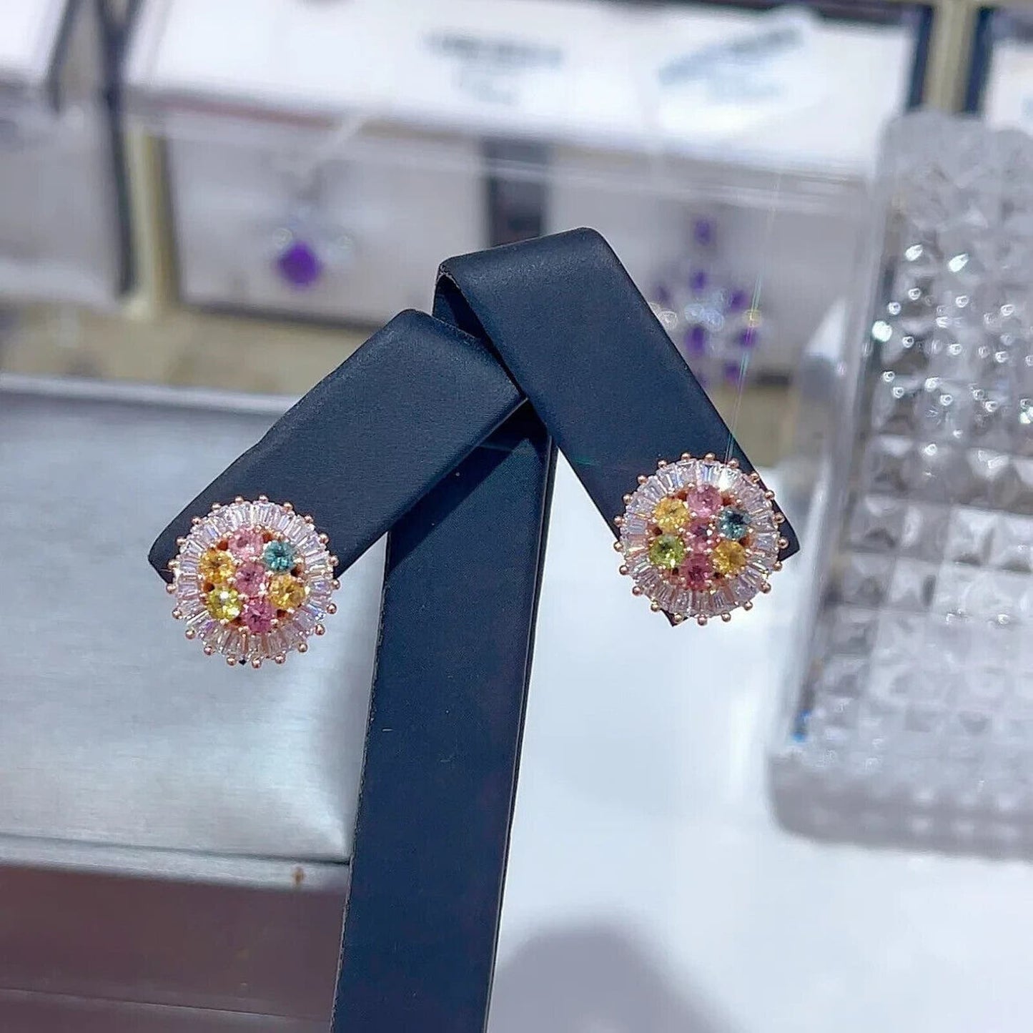 Colorful Natural Tourmaline Stud Earrings Rose Gold