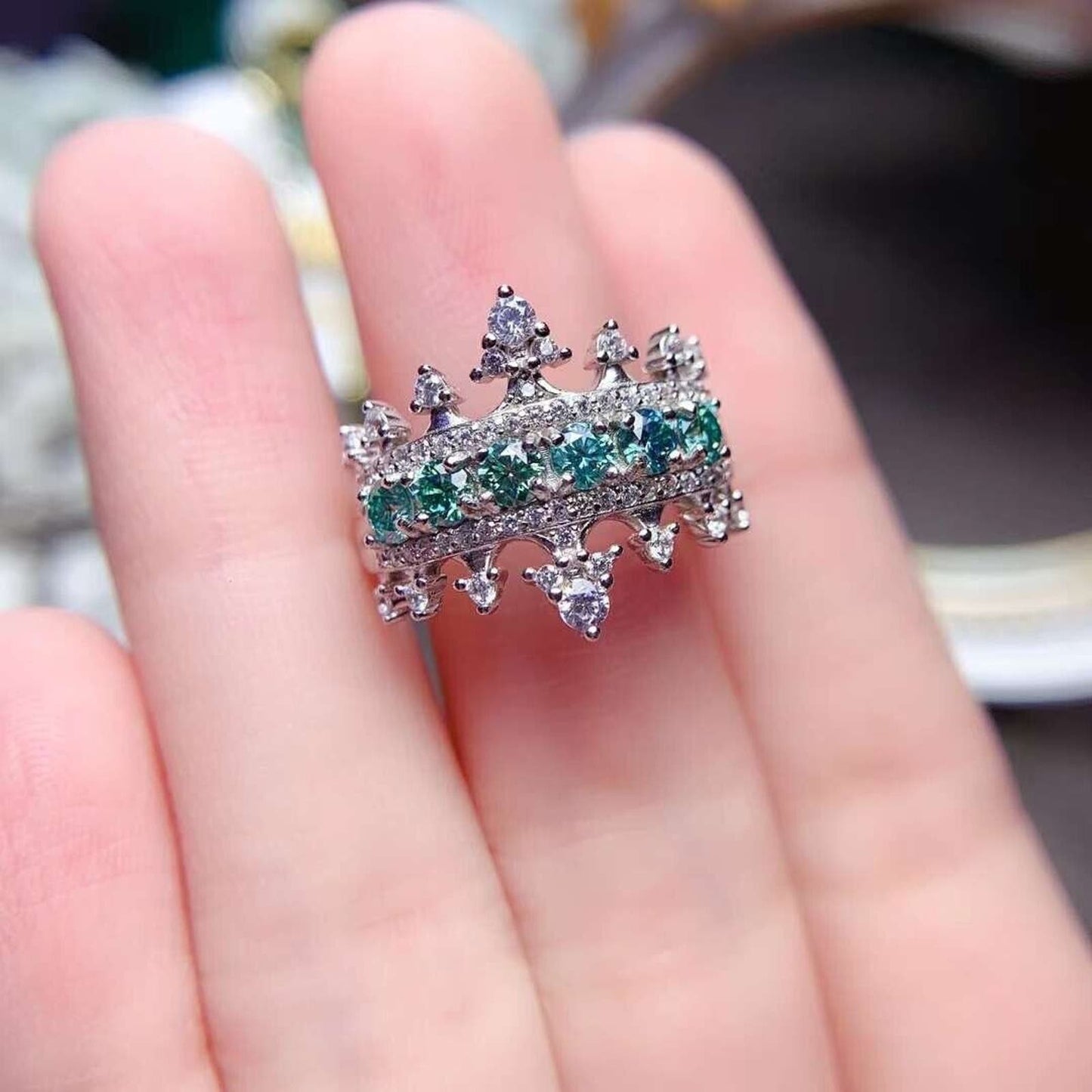 Princess Statement Ring Green Moissanite Crown Ring 3mm