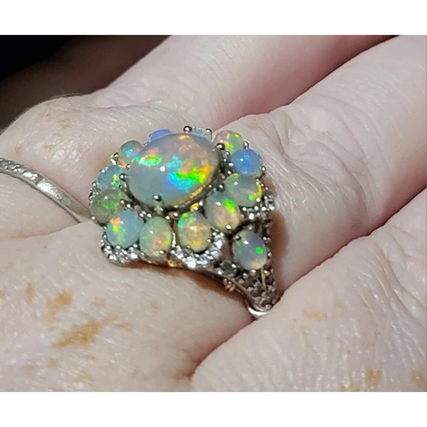 Fire Opal Flower Cluster Statement Ring 925 Sterling Silver