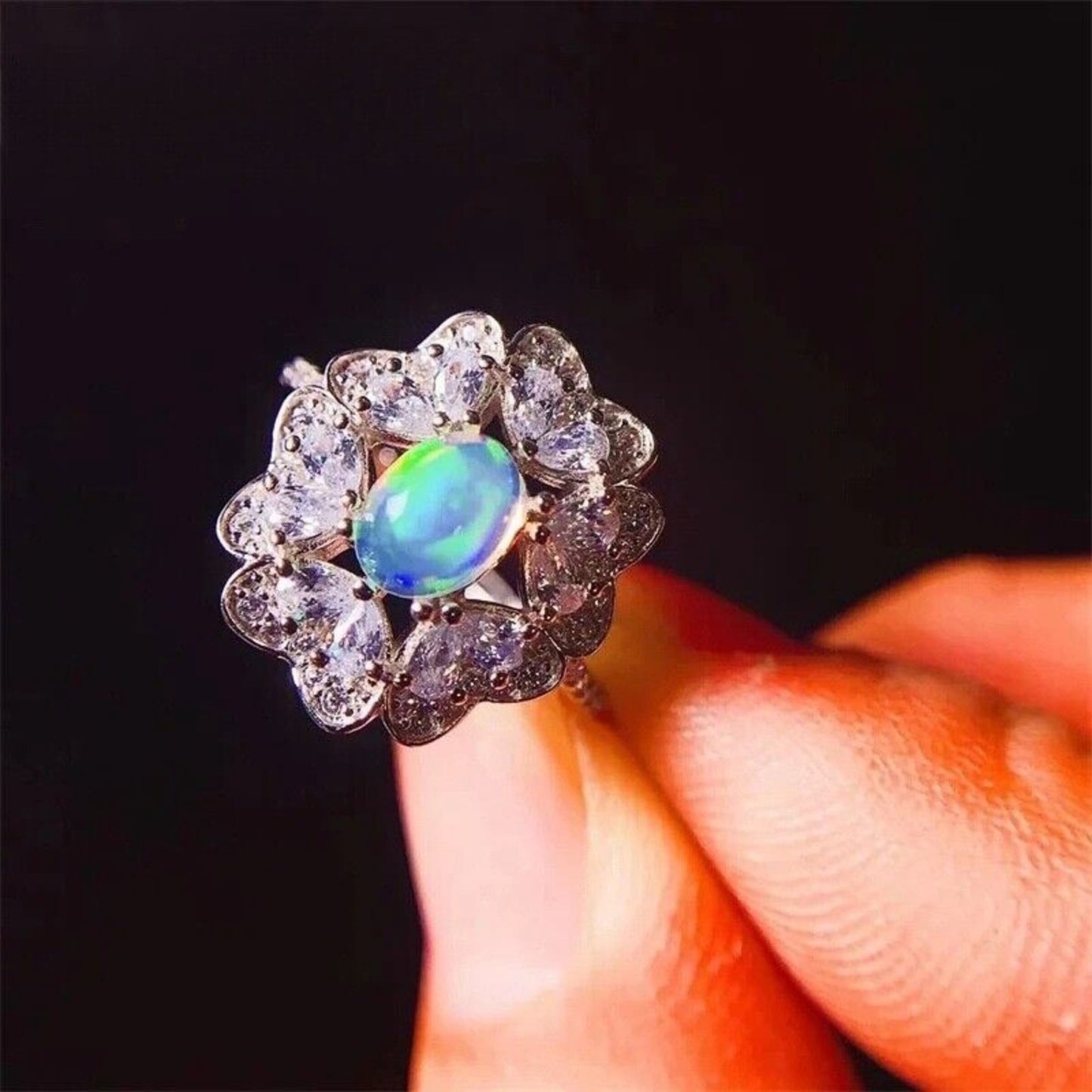 White Fire Opal Cluster Statement Ring 5x7mm