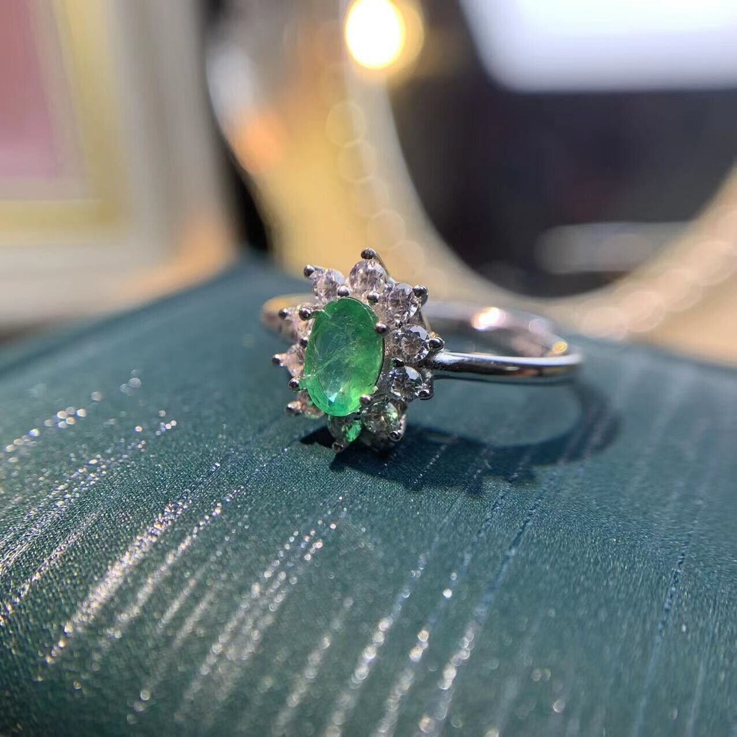 Emerald Cluster Cocktail Ring 4x6mm Sterling Silver