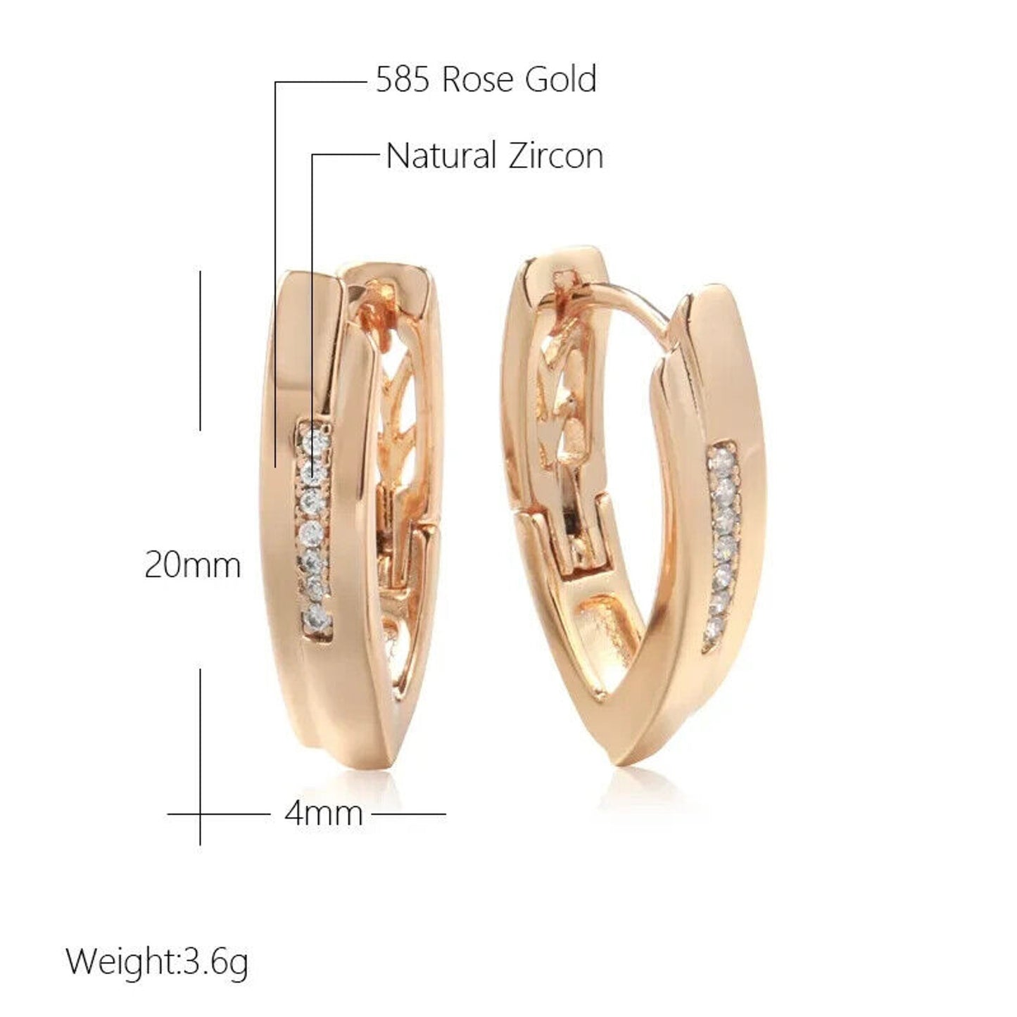 Rose Gold Earrings, Shiny Rose Gold Zircon Earrings, 585 Rose Gold Stud