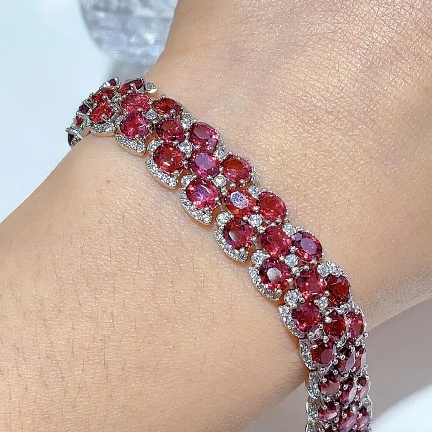 Red Garnet Gemstone Wide 3 Layer Tennis Bracelet 4x5mm