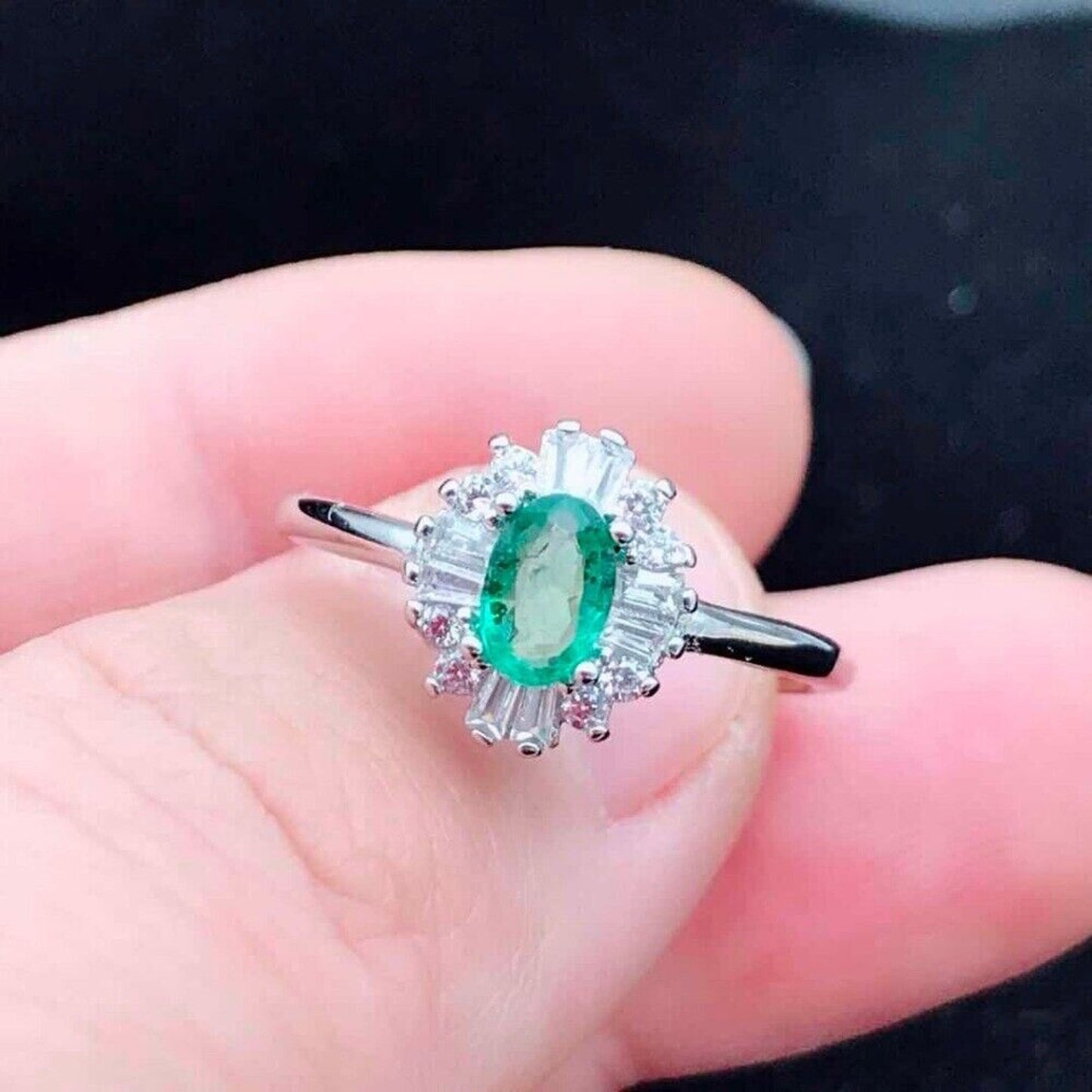 Natural Emerald Cocktail Ring 4x6mm Sterling Silver