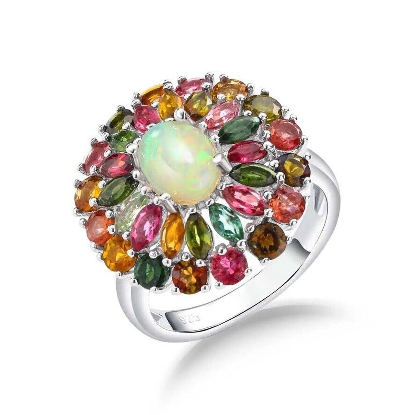 Tourmaline and Opal Cluster Statement Ring 925 Sterling Silver