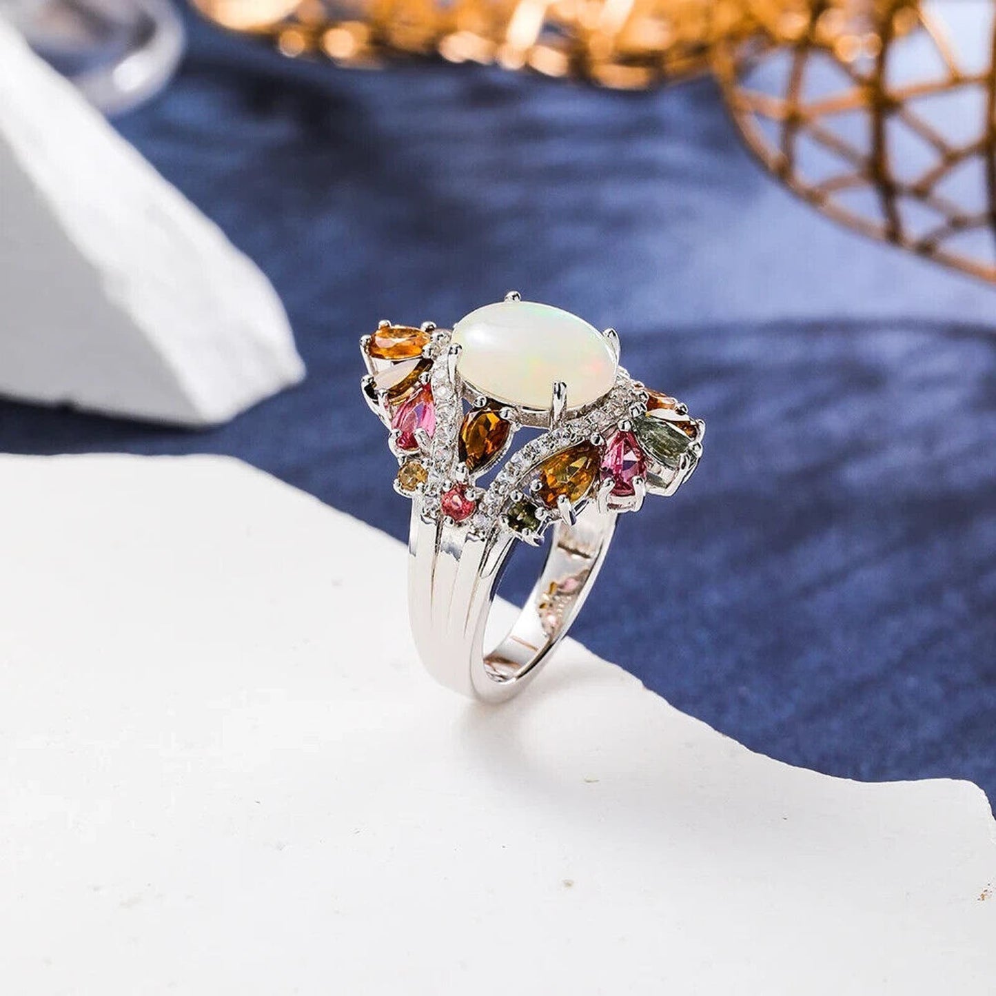 Fire Opal and Tourmaline Cluster Statement Ring