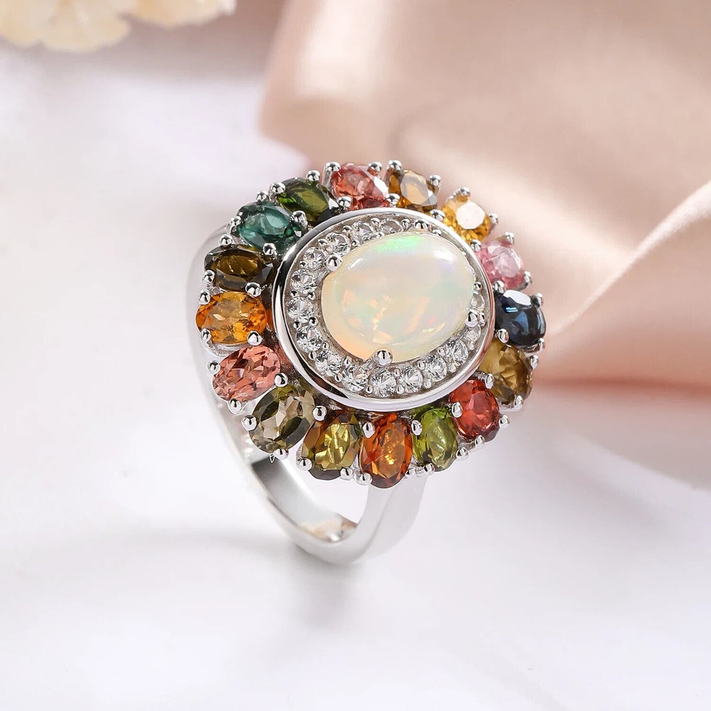 Fire Opal and Tourmaline Gemstone Cluster Ring Sterling Silver