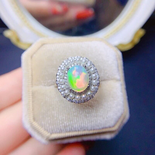 Australian Opal and Faux Pearl Statement Ring 8x10mm