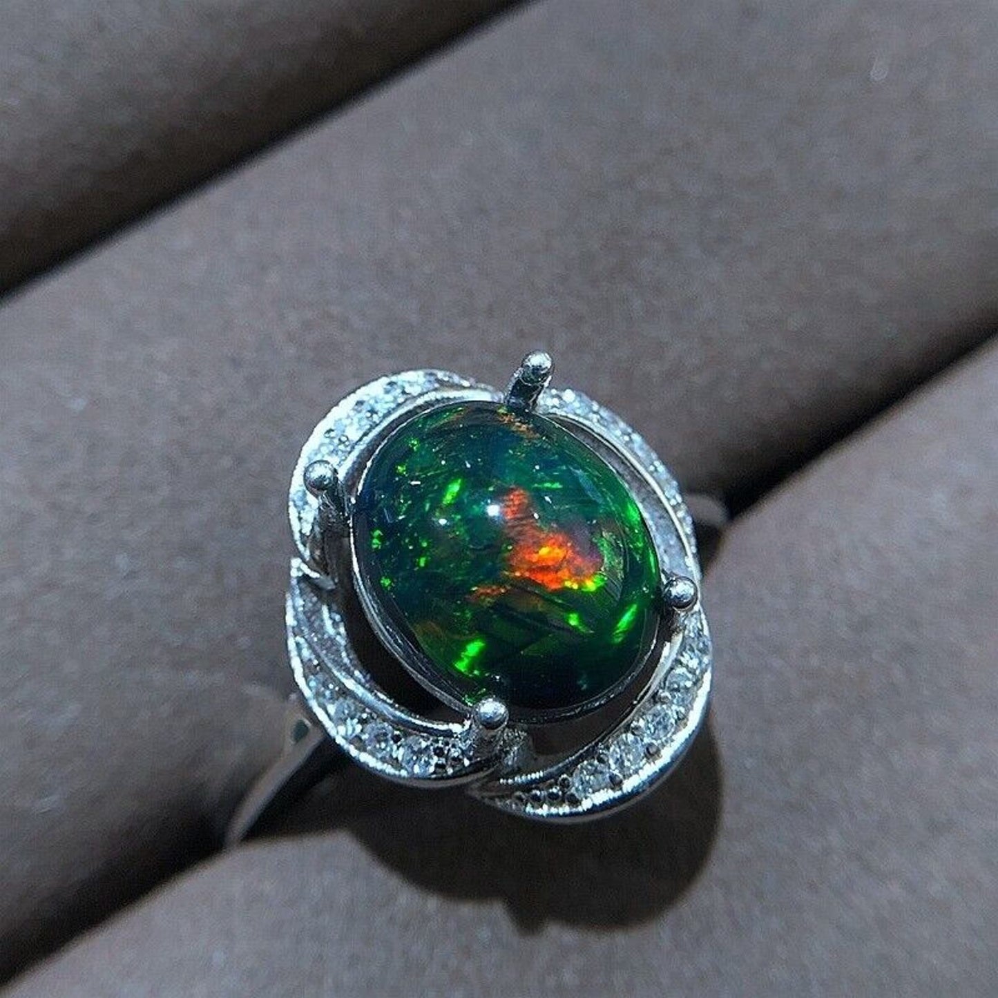 Black Opal Cocktail Ring 8x10mm Sterling Silver