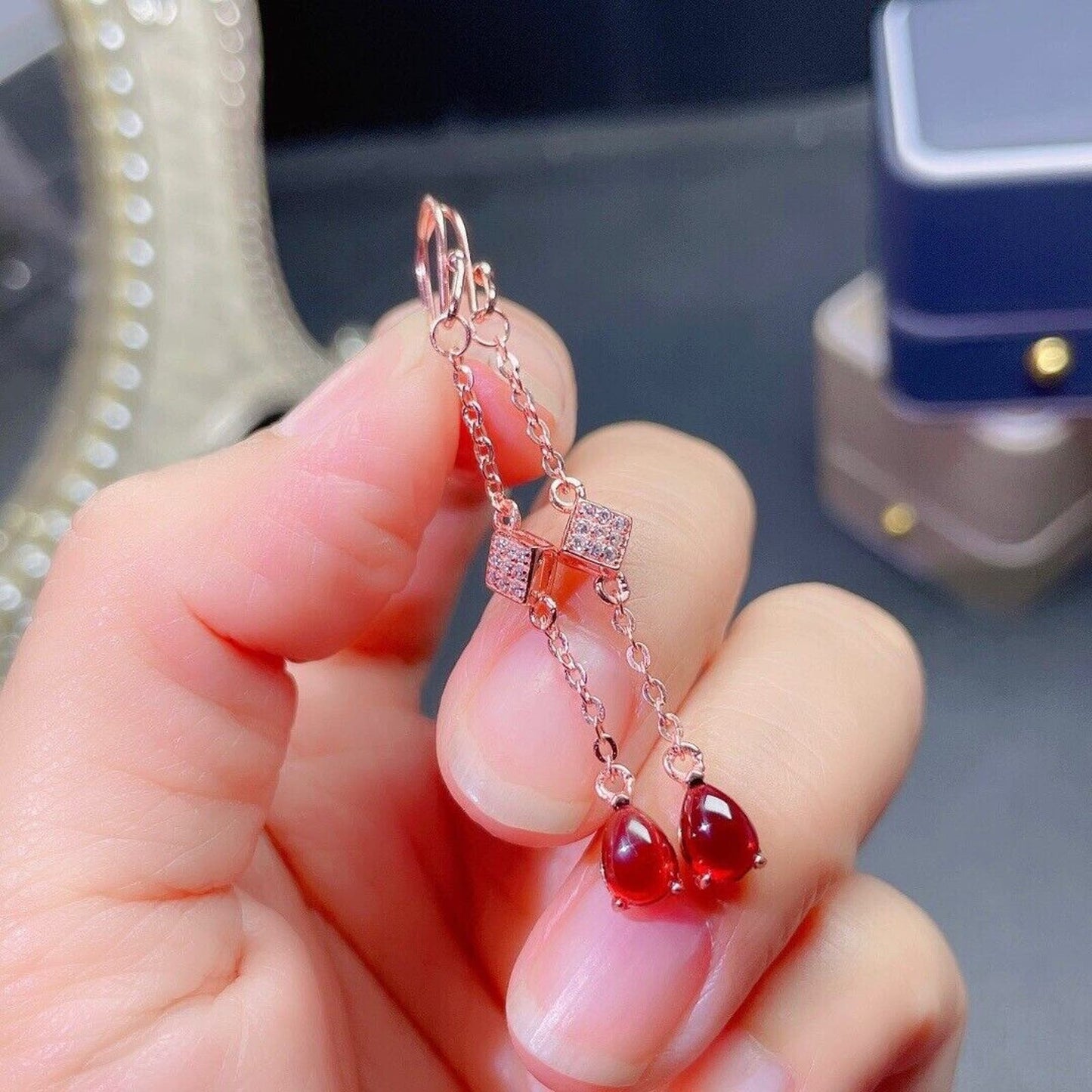 Natural Red Garnet Dangle Earrings, Rounded Teardrop Garnet Dangle Earrings