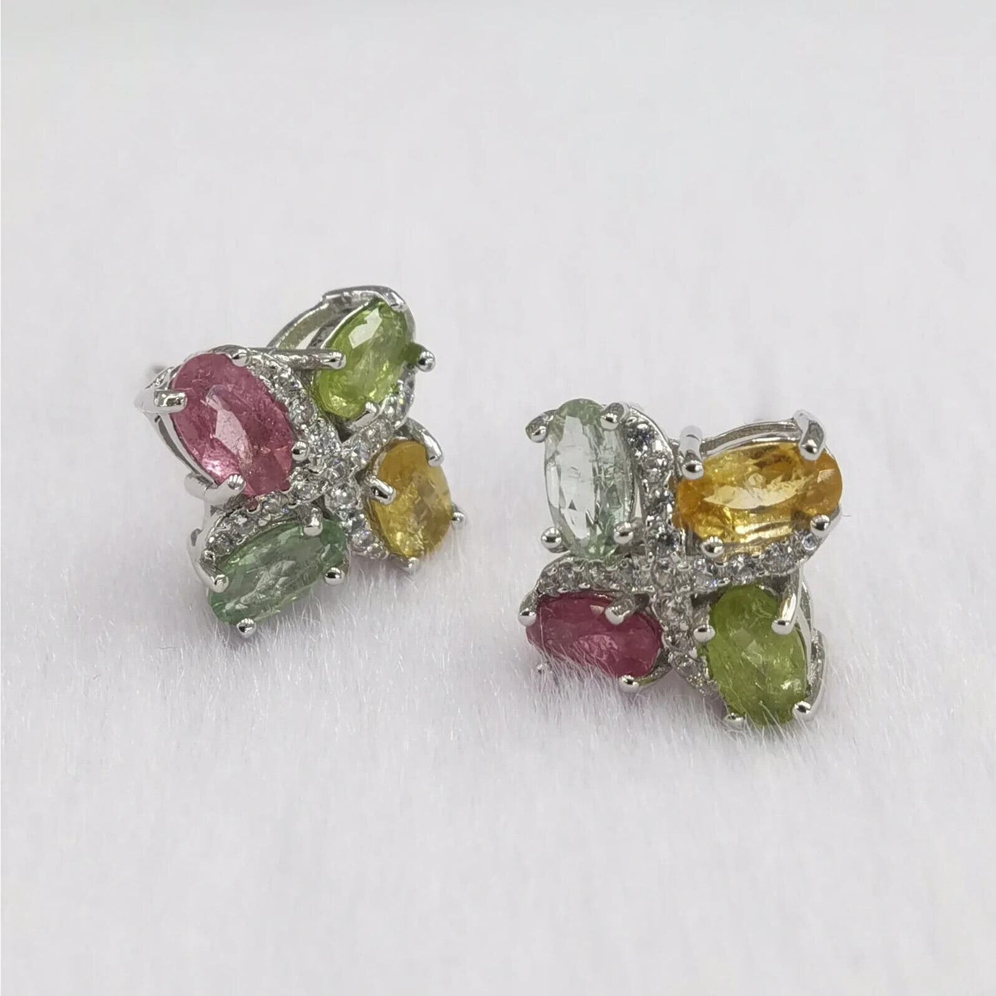 Natural Tourmaline Cluster Stud Earrings Platinum Plated