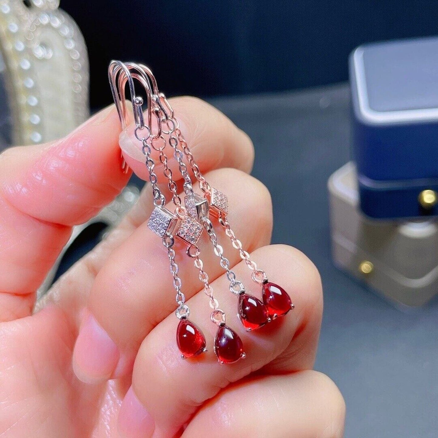 Natural Red Garnet Dangle Earrings, Rounded Teardrop Garnet Dangle Earrings