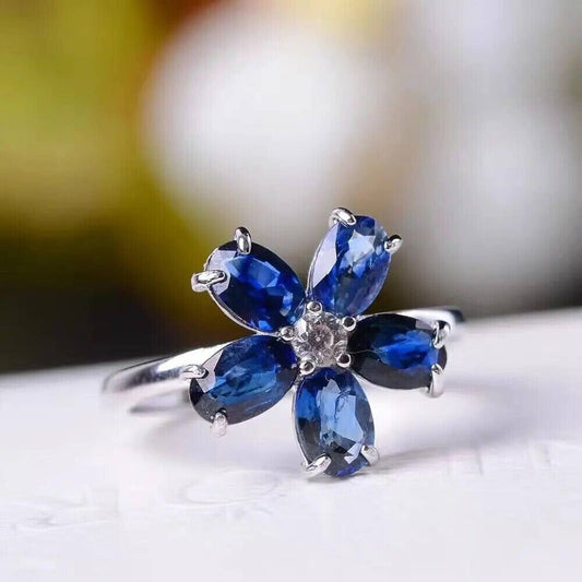Women's Blue Sapphire Gemstone Ring, Blue Sapphire Engagement Ring, Blue Sapphire Flower Ring