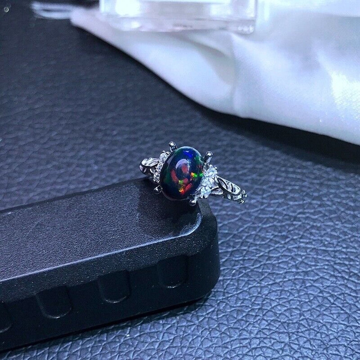 Dainty Black Opal Ring 6x8mm Platinum Plated