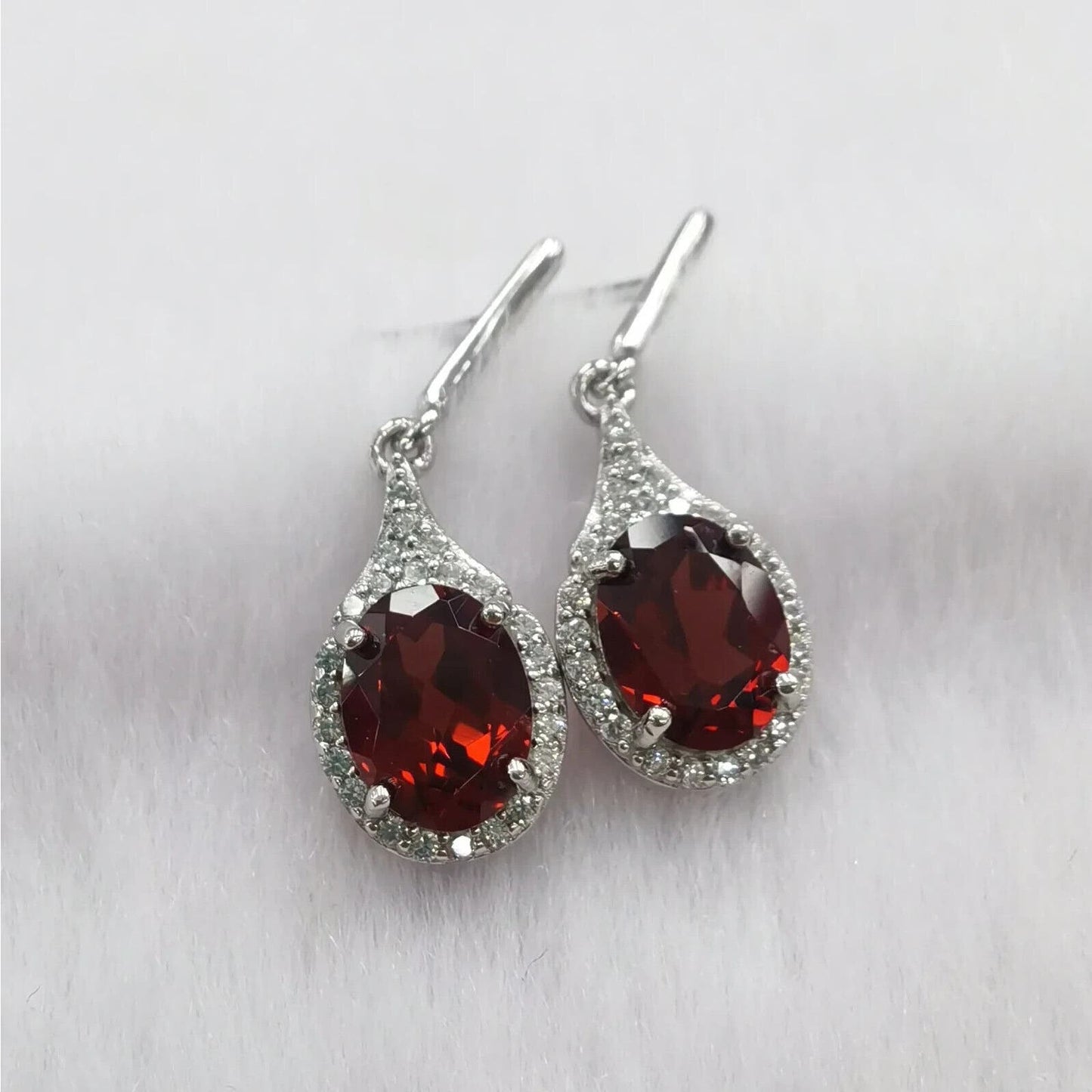 Dark Red Garnet Dangle Earrings 6x8mm Platinum Plated