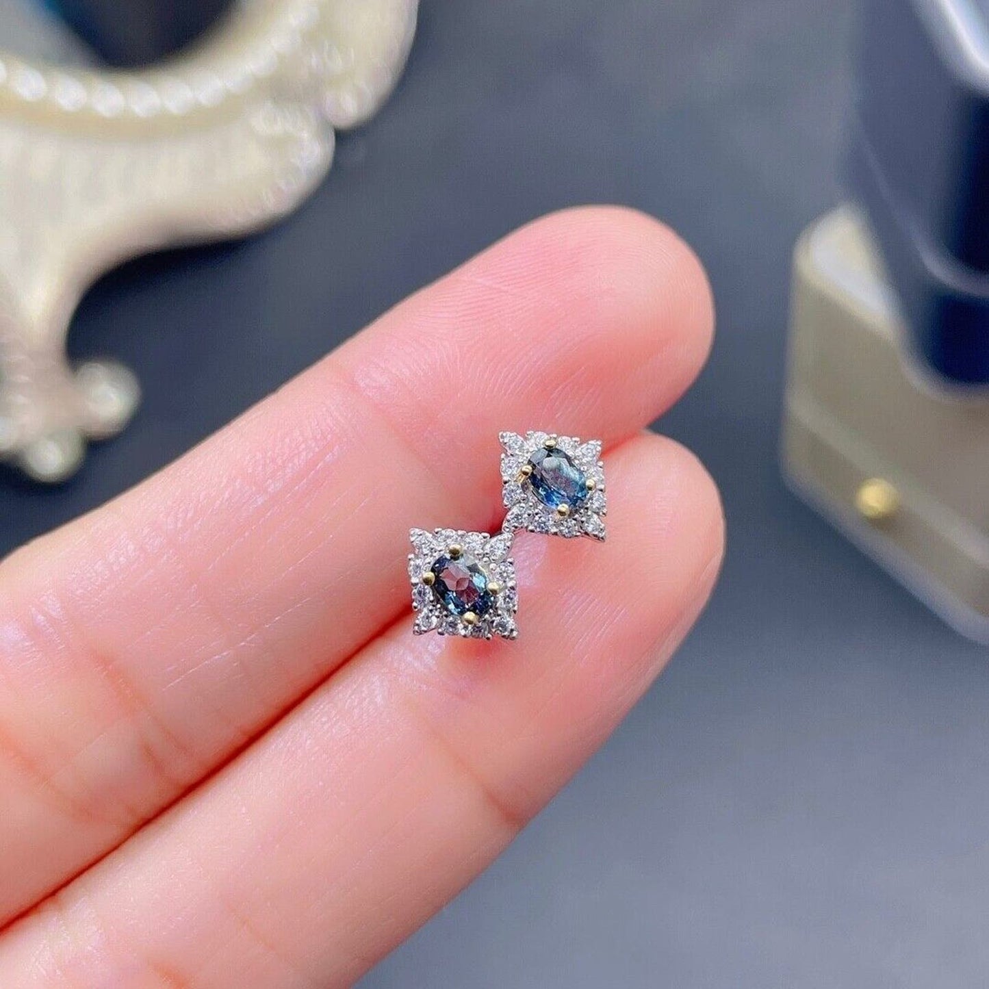 London Blue Topaz Dainty Stud Earrings 3x4mm