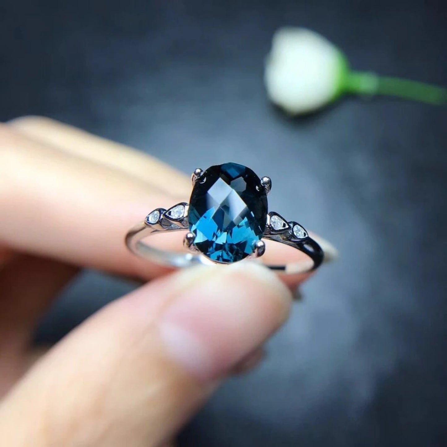 London Blue Topaz Cocktail Ring 7x9mm Sterling Silver