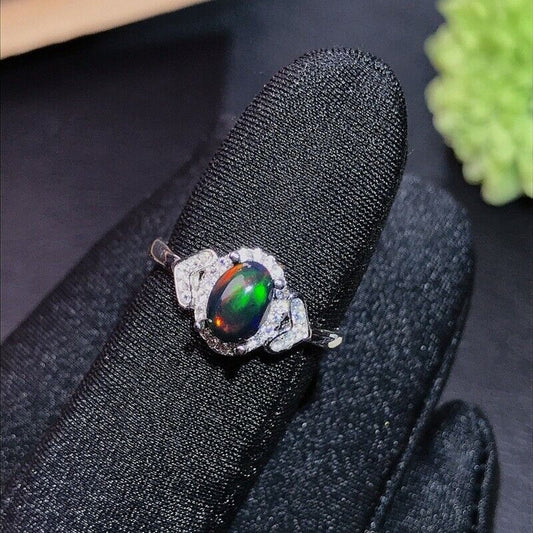 Black Fire Opal Cocktail Ring 5x7mm Sterling Silver