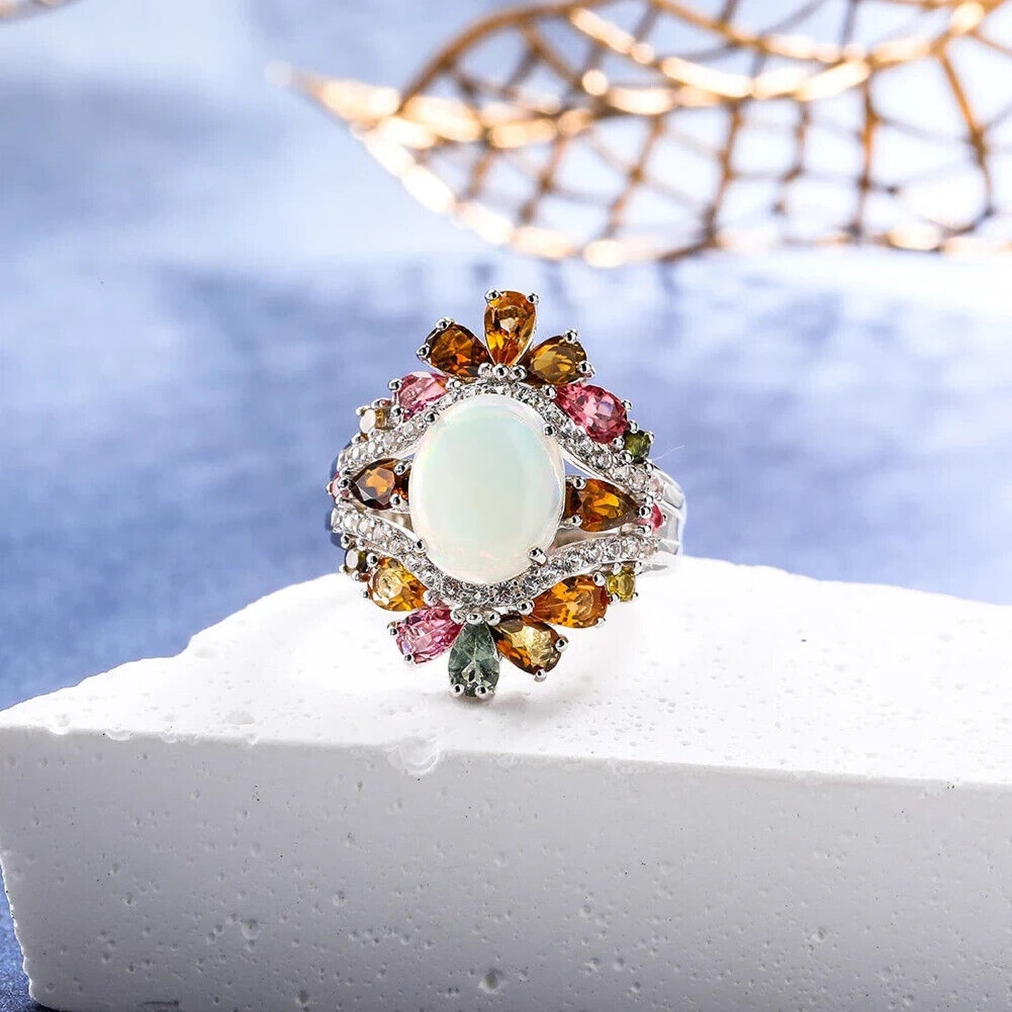 Fire Opal and Tourmaline Cluster Statement Ring