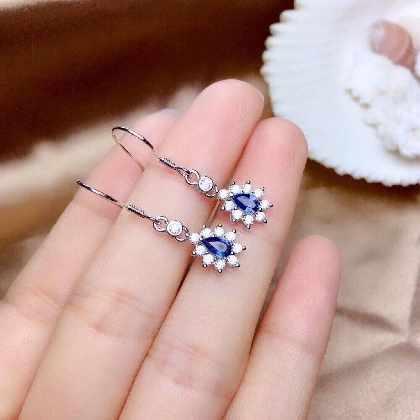 Dainty Sapphire Dangle Earrings 3x5mm