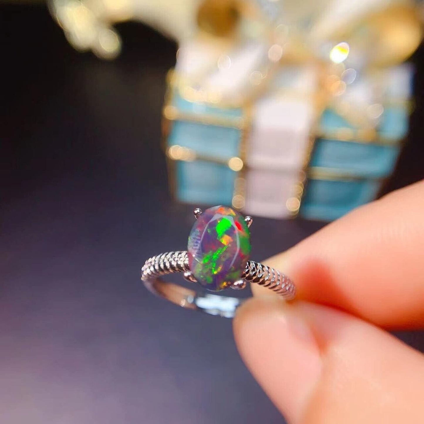 Colorful Black Opal Cocktail Ring 6x8m Sterling Silver