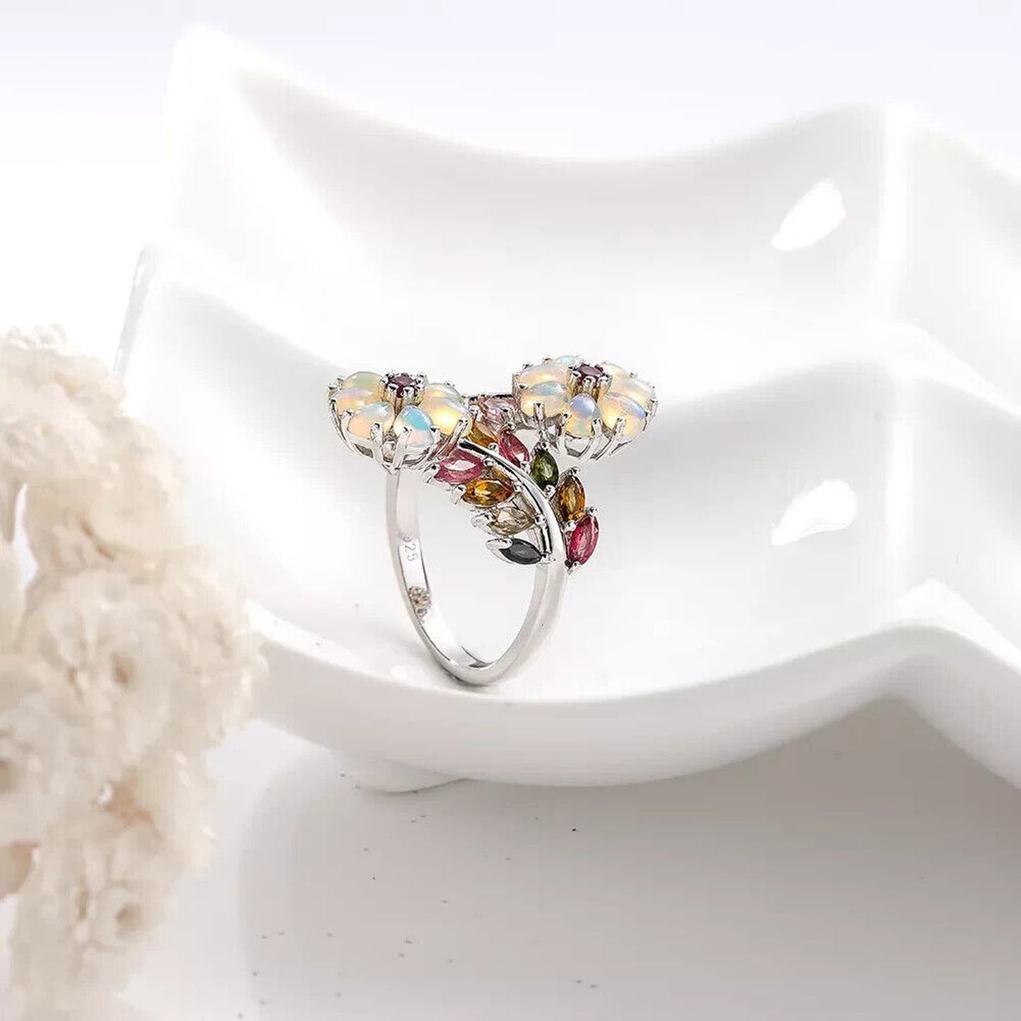 Fire Opal Flower Ring with Tourmaline 925 Sterling Silver