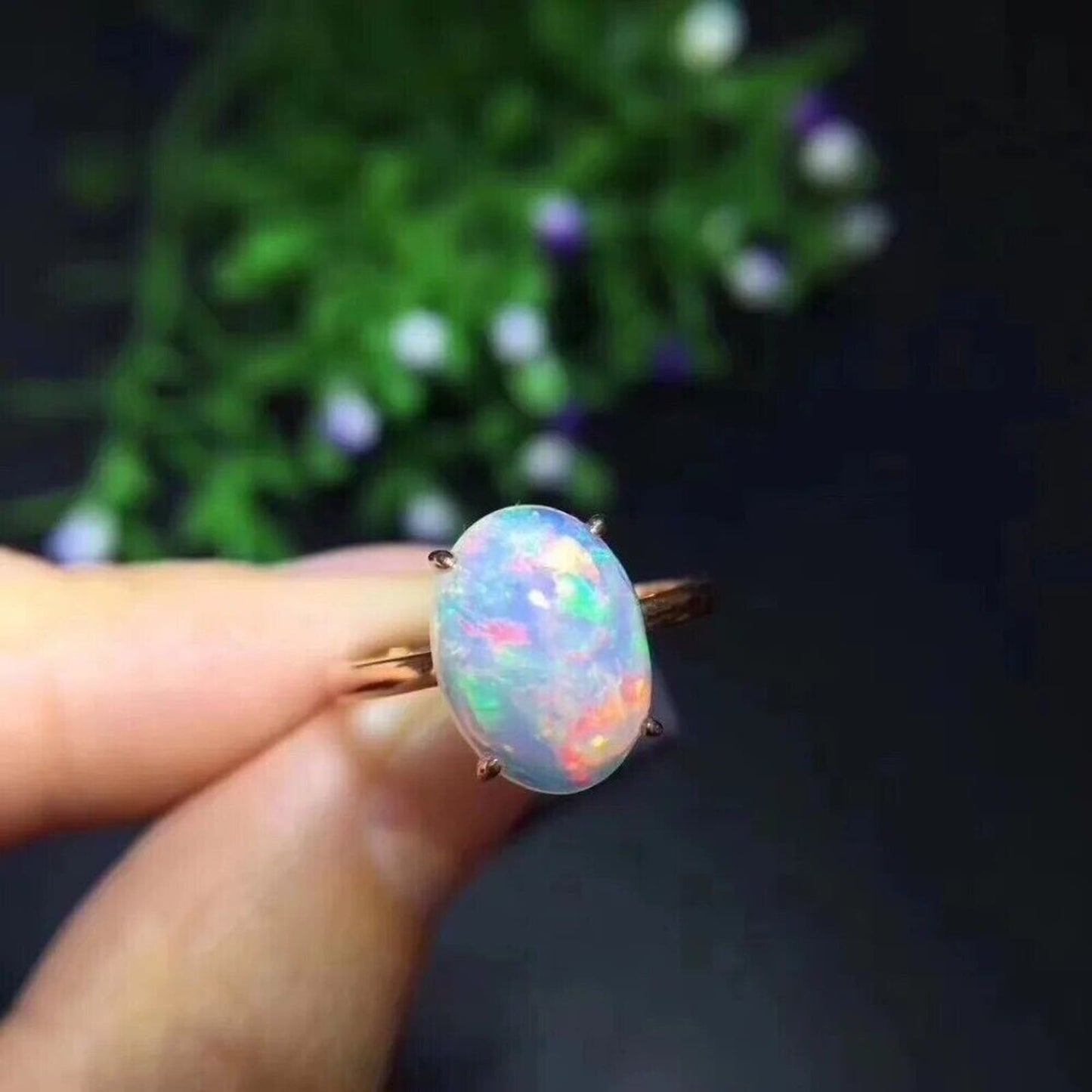White Fire Opal Ring Oval 7x9mm Sterling Silver