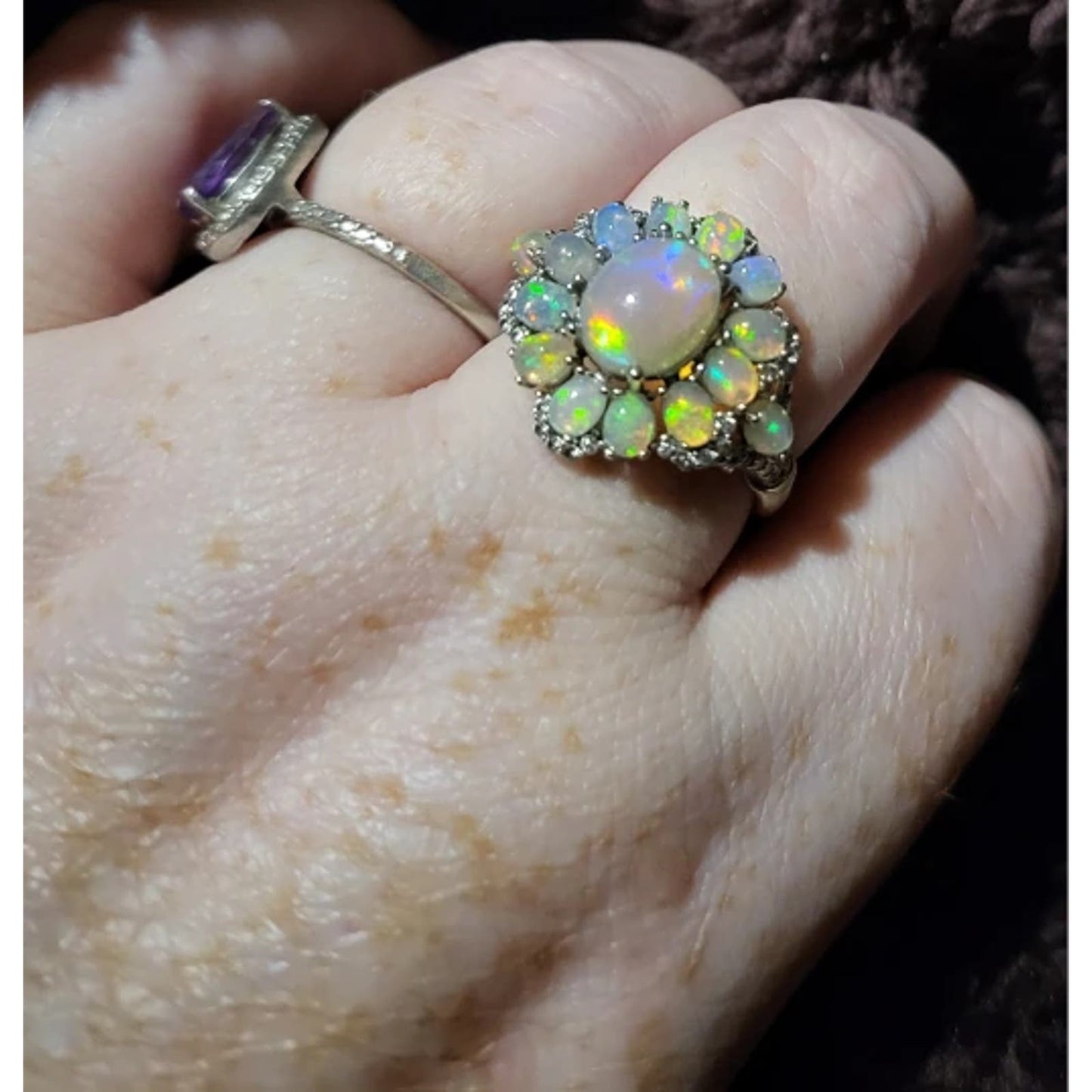 Fire Opal Flower Cluster Statement Ring 925 Sterling Silver