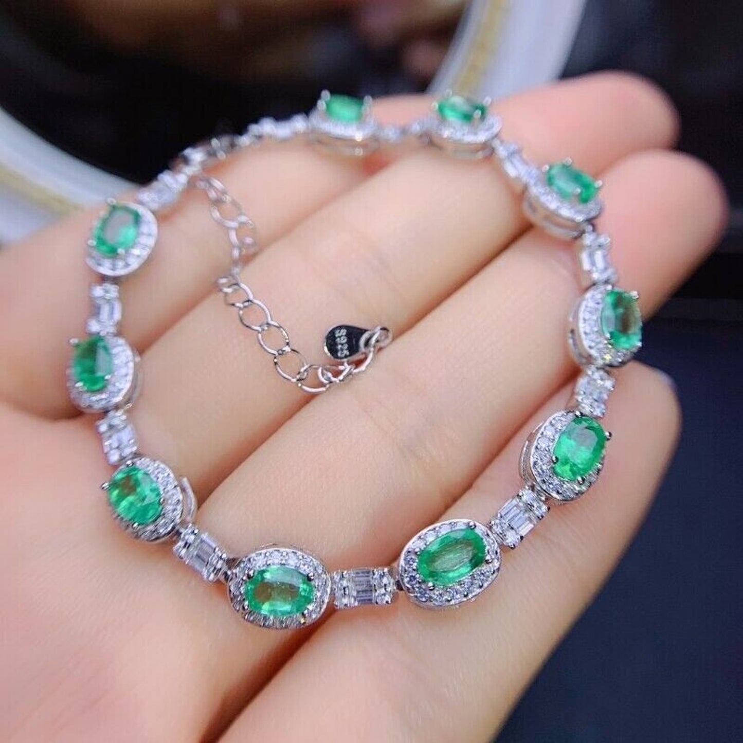 Natural Emerald Tennis Bracelet, 10pc 3x5mm Sterling Silver
