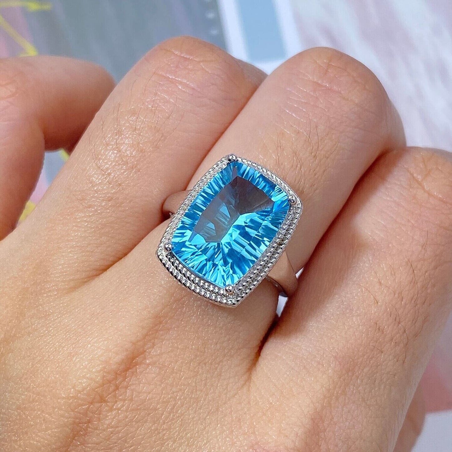 Blue Topaz Cocktail Ring 10x14mm 8 Carat Sterling Silver