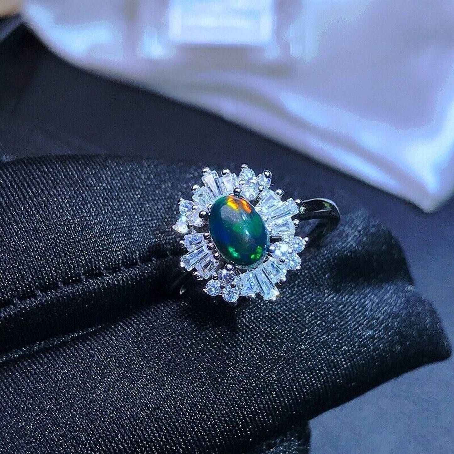 Black Opal Cluster Ring 5x7mm Sterling Silver