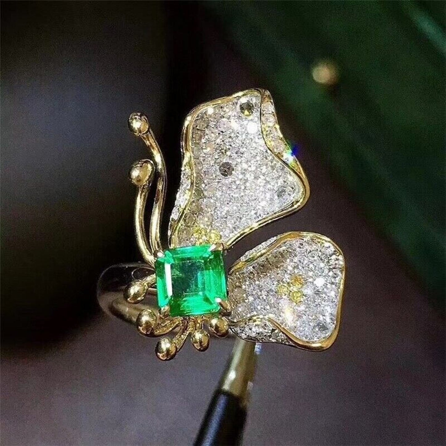 Natural Emerald Butterfly Ring 4.5mm Sterling Silver