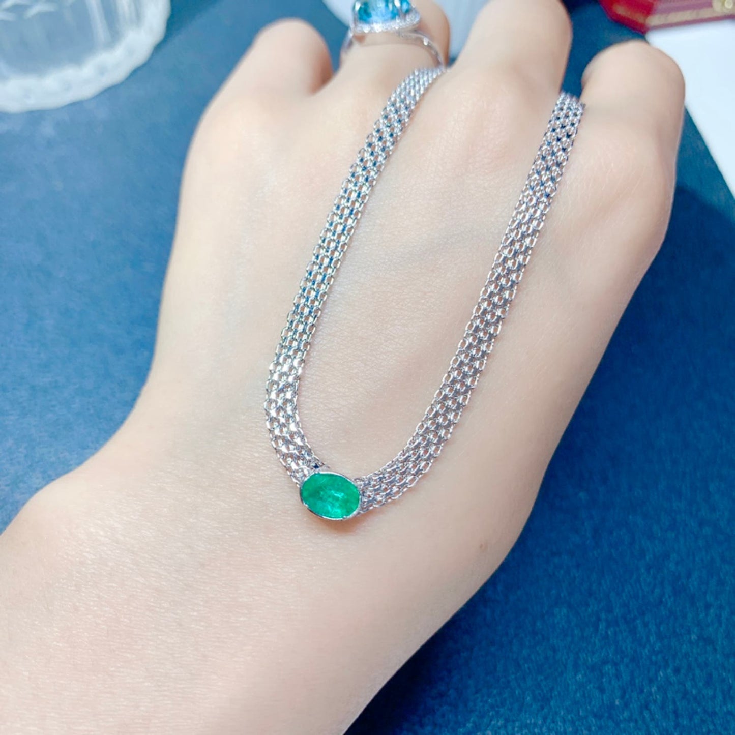 Single Stone Emerald Chain Bracelet, 5x7mm Sterling Silver